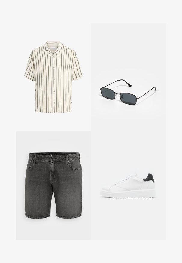 Kurzarm-Hemd zum Knöpfen mit vertikalen olivgrünen Streifen auf weißem Hintergrund, mit Camp-Kragen und vorderen Knöpfen.; Schwarze Jeansshorts mit einem klassischen Fünf-Taschen-Design, Knopfverschluss und gestickten Akzenten. Hergestellt aus strapazierfähigem Baumwollmaterial.; Weiße Leder-Sneaker mit schwarzem Fersenbereich, flachen Schnürsenkeln, strukturiertem Zwischensohlenteil und Branding auf der Außenseite. Entworfen für den Casual-Look.; Schwarzmetallrahmen-Sonnenbrille mit rechteckigen, dunklen Gläsern, dünnen Bügeln und verstellbaren Nasenpads. Leichtes Design mit minimalen Materialien.