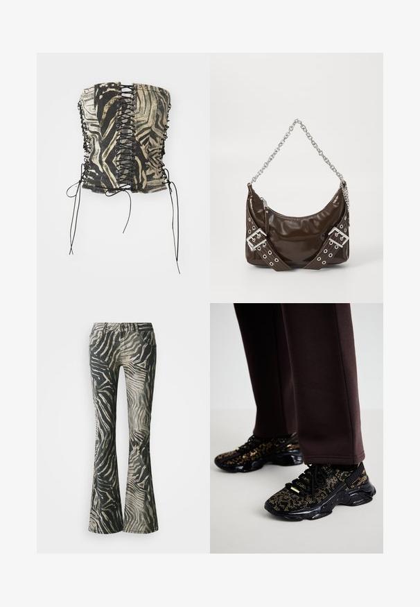 Zwart en beige korset top met een zebra patroon, voorzien van een vetersluiting aan de voorkant, metalen ogen en lange zwarte linten aan de zijkanten.; Flared jeans in een zwart en beige zebra patroon, gemaakt van denim, met een vijf-vakken ontwerp en duidelijke stiksels.; Zwarte sneakers met gouden spikkels, een gestructureerd oppervlak en een stevige zwarte zool. Gekoppeld aan bruine sweatpants met een slim-fit ontwerp.; Donkerbruin gepolijst leren handtas met een zilveren kettingriem, decoratieve dubbele gespriemen, en ritssluiting.