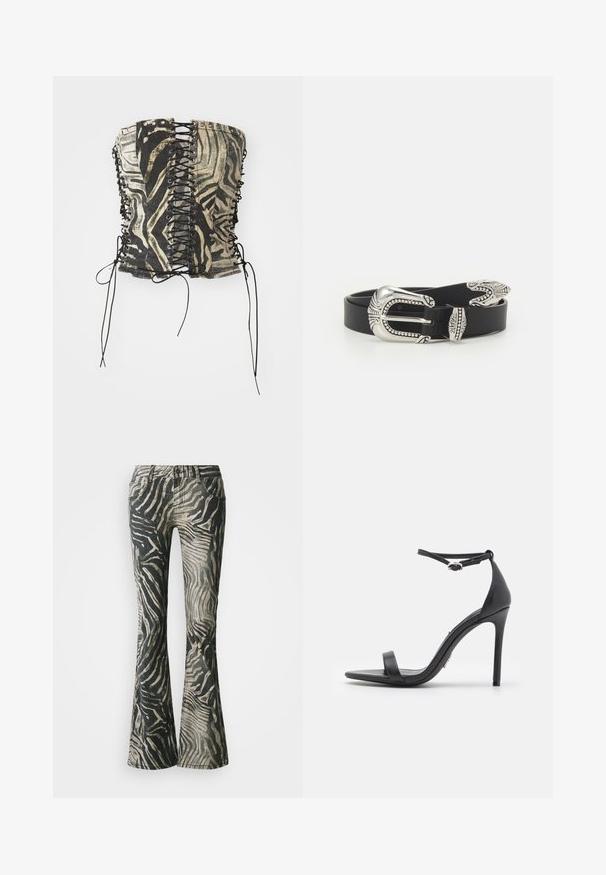 Sort og beige korsett-top med zebra-mønster, der har snørelukning foran, metal øjer og lange sorte bånd i siderne.; Bredde jeans i et sort og beige zebra mønster, fremstillet af denim materiale, med fem-lomme design og synlige syninger.; Sorte højhælede sandaler med åben tå, tynde stropper og spænde om anklen. Glat lædertekstur med spidse tådesign.; Sort læderbælte med en stor sølvmetalspænde, der har indviklede detaljer og dekorative accenter i begge ender.