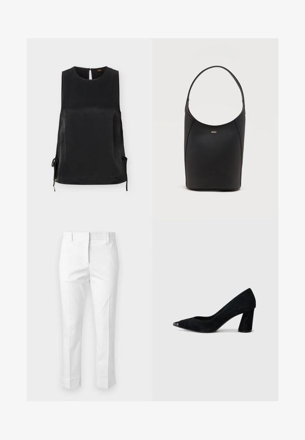 Blouse sans manches en satin noir avec encolure ronde, détails noués sur les côtés et fermeture par boutons au dos.; Pantalon blanc sur mesure avec plis avant, passants de ceinture et coupe droite, présenté sur un fond uni.; Pompe à talon haut en daim noir avec un bout pointu, ornée d'un bout en vernis noir et d'un talon épais et effilé.; Sac seau en cuir noir avec une seule bandoulière et un petit logo BOSS doré centré près du haut à l'avant.