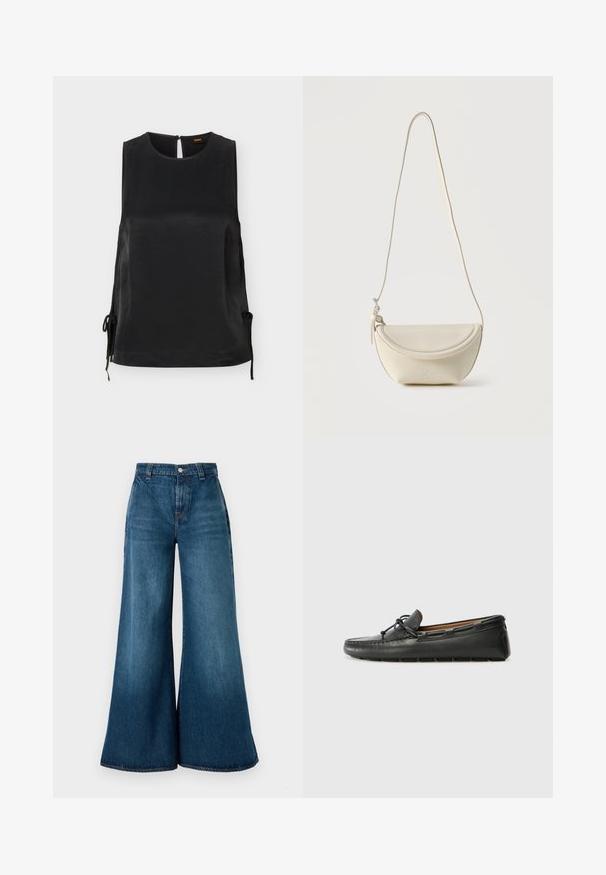Ærmeløs sort satinbluse med rund halsudskæring, detaljer med bindebånd i siden og lukning med knapper bagpå.; Bredde ben denim jeans i mørkeblå vask, med høj talje, frontknaplukning og klassisk fem-lomme design. Glat tekstur.; Sorte læder bådsko med afrundet tå, stikninger, lille sløjfedetalje og gummisål. Glat tekstur og strømlinet design.; Lille cremefarvet læder skuldertaske med buet klap og lang tynd rem, hængende mod en ensfarvet baggrund.