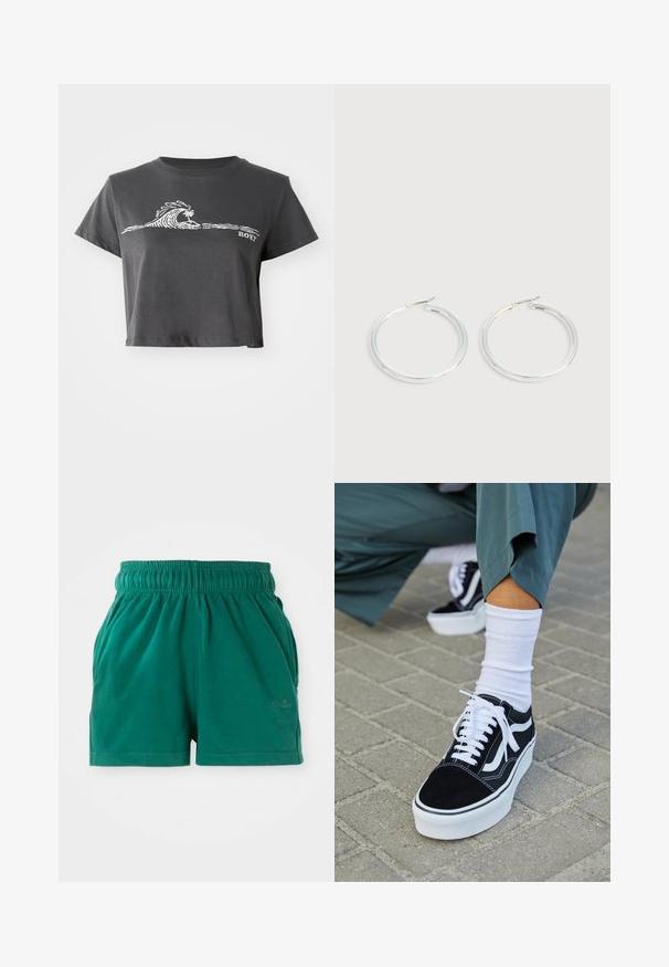 T-shirt noir chiné court avec un graphisme de vague stylisée, un palmier et le texte "ROXY" sur le devant.; Shorts décontractés verts à taille élastique avec poches latérales et logo discret sur la cuisse droite.; Baskets en suède noir avec des accents et des lacets blancs, présentant une épaisse semelle blanche et des coutures contrastantes, associées à une chaussette blanche.; Paire de boucles d'oreilles créoles argentées brillantes avec fermoirs en fil fin, présentée sur un fond gris clair.