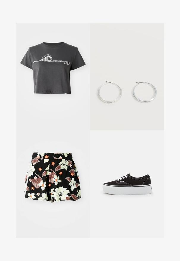 Donkere grijze cropped T-shirt met een witte gestileerde golf, palmboom grafiek en "ROXY" tekst op de voorkant.; Zwarte bloemenkorte broek met grote lichtgroene en oranje bloemen en donkere bladeren, geplooid ontwerp, met zijzakken.; Zwarte canvas sneaker met een witte rubberen platformzool, voorzien van witte veters en stiksels, iconische branding op de zijkant, low-top ontwerp.; Zilverkleurige metalen creolen oorbellen met een glad, licht gebogen oppervlak en sluitingen met haaksluiting op een effen witte achtergrond.