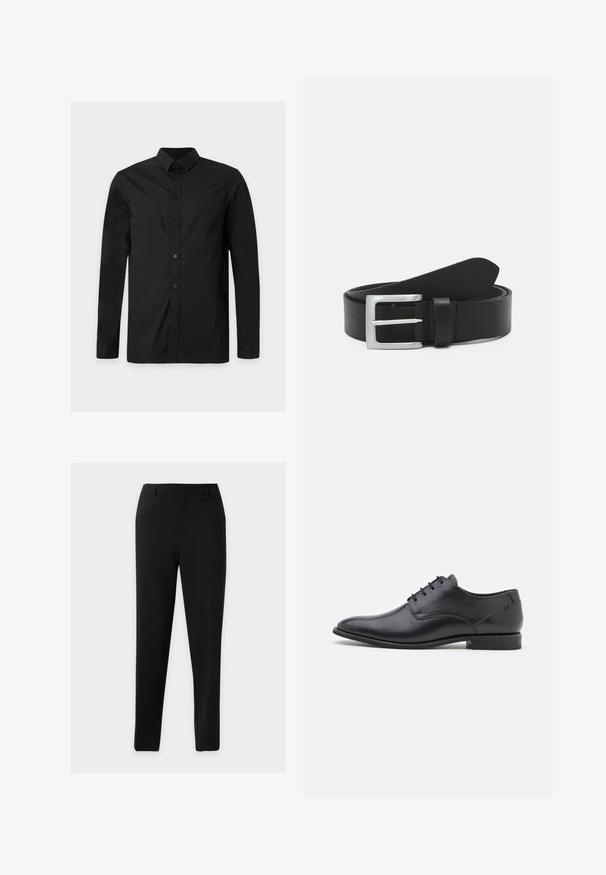 Chemise noire unie à manches longues avec boutons et col classique, présentée sur un fond gris clair.; Pantalon formel noir coupe slim avec passants de ceinture et devant propre, présenté sur un fond clair uni.; Chaussure habillée en cuir noir avec une texture lisse, nez pointu, petit talon et six œillets pour le laçage. Design simple sans embellissements.; Ceinture en cuir noir avec une texture lisse, boucle rectangulaire en argent et une boucle pour l'extrémité. Présente des coutures soignées le long des bords.