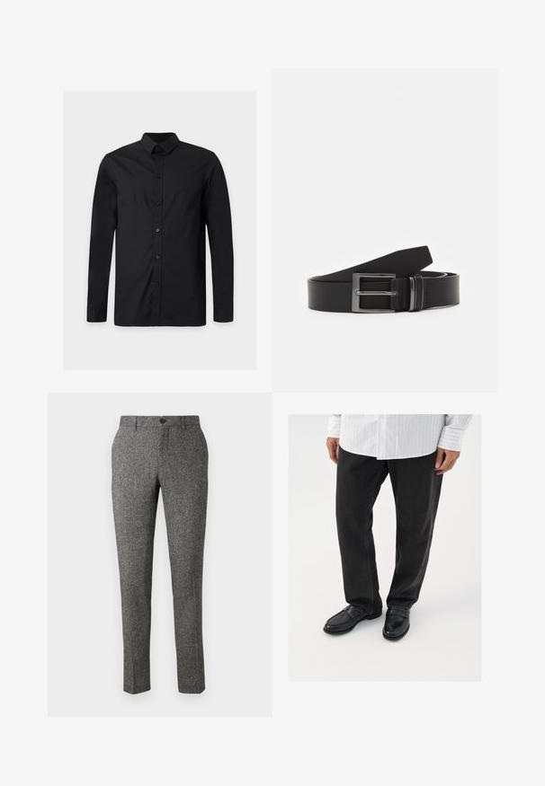 Schlichtes schwarzes Langarm-Hemd mit Knopfleiste und klassischem Kragen, auf hellem grauem Hintergrund dargestellt.; Lindbergh PANTS - Stoffhose - brown; Schwarze Jeans kombiniert mit glänzenden schwarzen Slippern. Das Hemd ist weiß mit dünnen vertikalen Streifen, hat lange Ärmel und einen geknöpften Kragen.; Schwarzer Ledergürtel mit einer rechteckigen silbernen Metallschnalle, flaches Design und glatte Textur. Die Enden sind verjüngt für ein einfaches Durchfädeln.