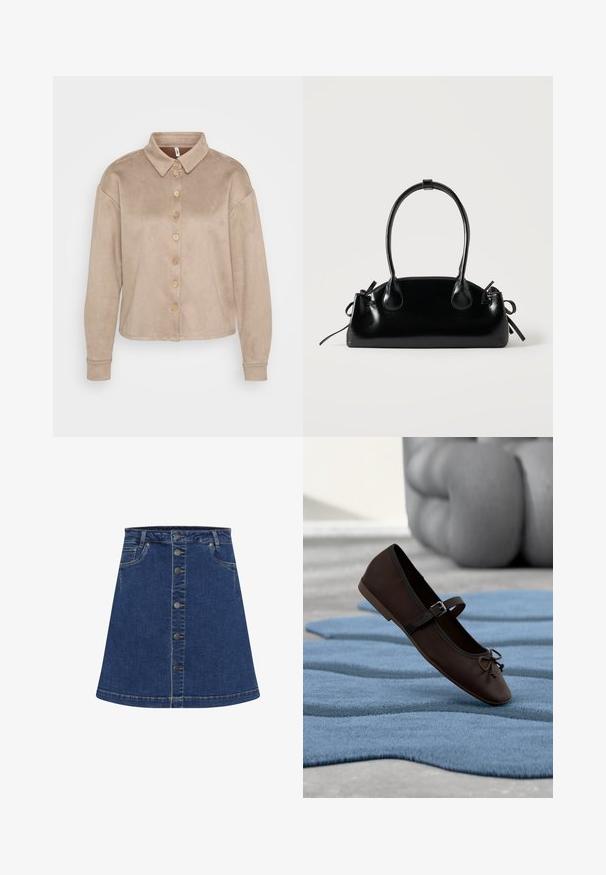 Beige skjorte med knapper lavet af blødt, suede-lignende materiale. Har en krave, lange ærmer og træknapper ned ad fronten.; Mørkeblå denim A-line nederdel med knaplukning foran og kontrastsyet. Har to sidelommer og en linning over knæet.; Mørkebrun Mary Jane-flad sko med spænde og sløjfedetalje, der hviler på en bølget blå tekstureret tæppe med grå polstret sofa i baggrunden.; Lille sort blank håndtaske med to lange håndtag og snøre-detaljer i siden på en ensfarvet lys baggrund.