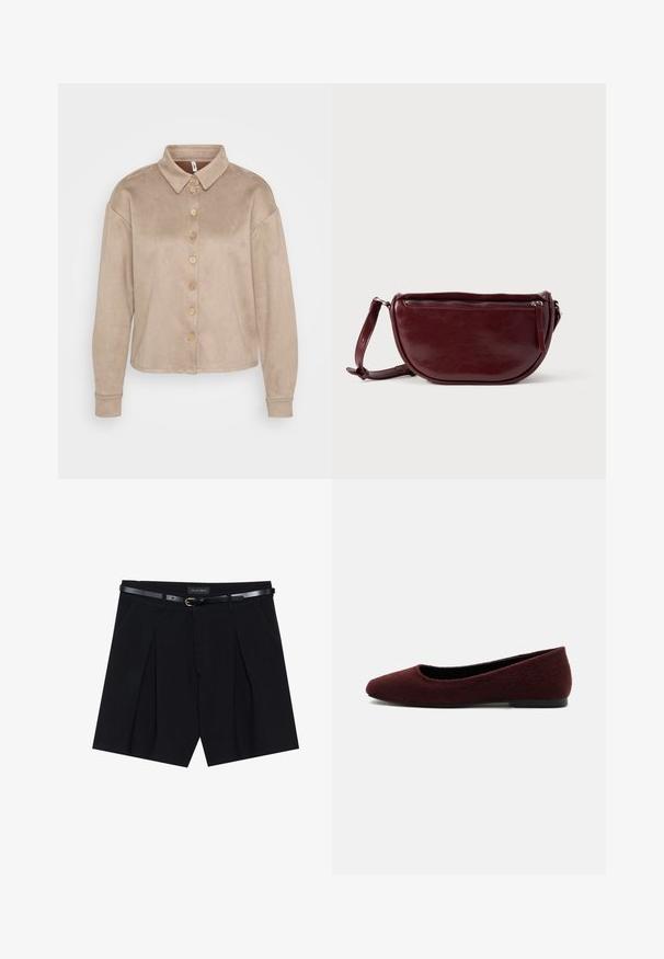 Beige skjorte med knapper lavet af blødt, suede-lignende materiale. Har en krave, lange ærmer og træknapper ned ad fronten.; Sorte skræddersyede shorts med folder, udstyret med et slankt sort bælte med en gylden spænde. Fremstillet af et glat stof, der giver et poleret udseende.; Burgundy damesko med rundet tå og tekstureret stof, lav sort sål, vist fra siden på hvid baggrund.; Vinrød læderhåndtaske med halvmåneform, lynlås og aftagelig rem. Glat tekstur med en subtil glans.