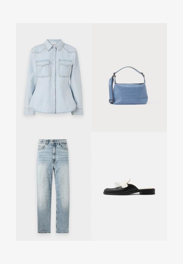 Lichtblauw denim shirt met een getailleerd ontwerp, spitse kraag, twee borstzakken en contrasterende stiksels. Voorzien van knoopsluiting en lange mouwen.; Lichtblauwe denim jeans met een recht gesneden pijp, voorzien van een knoop- en ritssluiting, vijf zakken en subtiele vervaging.; Zwarte leren mule met lage hak en witte franjes op het bovendeel, instapmodel.; Lichtblauwe handtas met krokodillenprint, voorzien van een korte handgreep en een afneembare schouderriem. Gladde textuur met een ritssluiting.