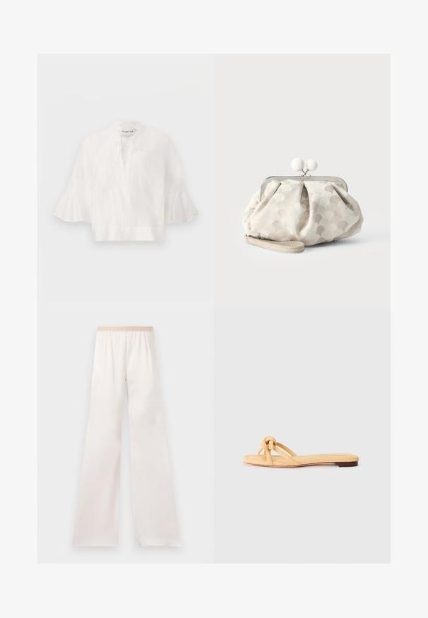 Witte losse linnen blouse met wijde 3/4 gerimpelde mouwen, een borstzak aan de voorkant en een strikdetail aan de hals van Munthe.; Wijde, hoog getailleerde broek in roomkleur met een elastische beige tailleband, weergegeven op een effen lichte achtergrond.; Geel geweven platte sandaal met twee kruislings geplaatste banden, een geknoopte detail aan de voorkant en een lage, bruine zool.; Kleine beige clutch met gestructureerde stippenstof, zilveren frame, ronde witte gesp en afneembare polsband op een effen achtergrond.