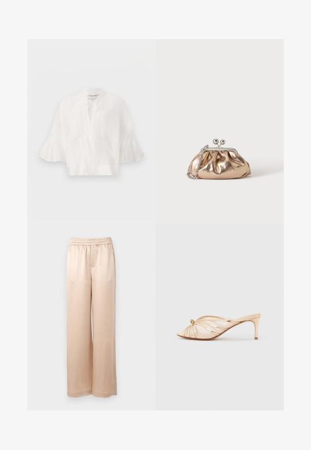 Blouse ample en lin blanc avec manches larges 3/4 à volants, poche poitrine avant et col avec lien à nouer, par Munthe.; Pantalons larges de couleur beige clair en tissu lisse avec une taille élastique et des coutures minimales, présentant une coupe droite et sans poches.; Sandale mule à bout ouvert en or métallique avec un talon fin de hauteur moyenne et des lanières fines croisées sur un fond neutre.; Petit sac pochette métallique dorée avec fermoir argenté et chaîne sur un fond clair uni.