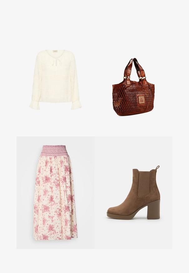 Roomkleurige blouse met lange mouwen van gestructureerde stof, ronde halslijn, strikdetail en uitlopende manchetten.; Maxi rok in crème met roze bloemenpatronen. Heeft een geplooide tailleband en een vloeiend ontwerp. Gemaakt van lichtgewicht stof.; Bruine suedeleren enkellaarzen hebben een chunky hak, elastische zijpanelen en een lus aan de achterkant voor eenvoudig aan- en uittrekken.; Bruine leren boodschappentas met een geperforeerd ruitpatroon, dubbele handvatten en een centraal genaaide label versierd met metalen studs.