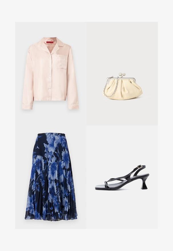 Lyserød satinskjorte til pyjamas med lange ærmer, notched krave, knaplukning foran, enkelt brystlomme og hvide kanter langs kanterne.; Plisseret nederdel i en mørk navy stof med et stort blomstermotiv i forskellige nuancer af blå. Elastisk talje for komfort.; Sort lædersandal til kvinder med tynde stropper, firkantet tå, justerbar ankelrem og udvidet mellemhøj hæl.; Plisseret beige læderclutch med en sølvmetalramme, der har to runde dekorative låse og en sølvkædetrasporte.