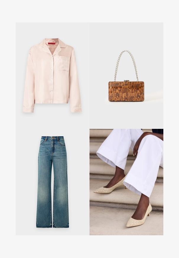 Roze satijnen pyjamashirt met lange mouwen, een kraag met een inkeping, knoopsluiting aan de voorkant, een enkele borstzak en witte biezen langs de randen.; Lichtblauwe denim wijde jeans hebben een hoge taille, vijf zakken en iets verfraaide zoomranden, met een getextureerde, vervaagde afwerking.; Persoon die witte wijde broekspijpen en beige patroon kitten heel schoenen draagt, zittend op stenen trappen.; Rechthoekige bruine handtas met schildpadmotief, zilveren kettinghengsel, kliksluiting en glanzende afwerking, getoond tegen een lichte, effen achtergrond.