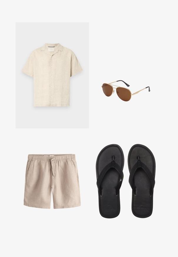 Lichtbeige korte mouwen overhemd met knopen, gemaakt van linnen, met een camp collar, strakke lijnen en een subtiele textuur, met vijf knopen aan de voorkant.; Beige casual shorts met elastische tailleband en voorveter, met zijzakken en een ontspannen pasvorm.; Zwarte flip-flops gemaakt van glad materiaal, met een tanga-stijl band, een gestructureerde voetbed en een geperst logo op de zool.; Gouden metalen aviator-zonnebril met bruin getinte glazen en zwarte met plastic bedekte pootjes op een witte achtergrond.