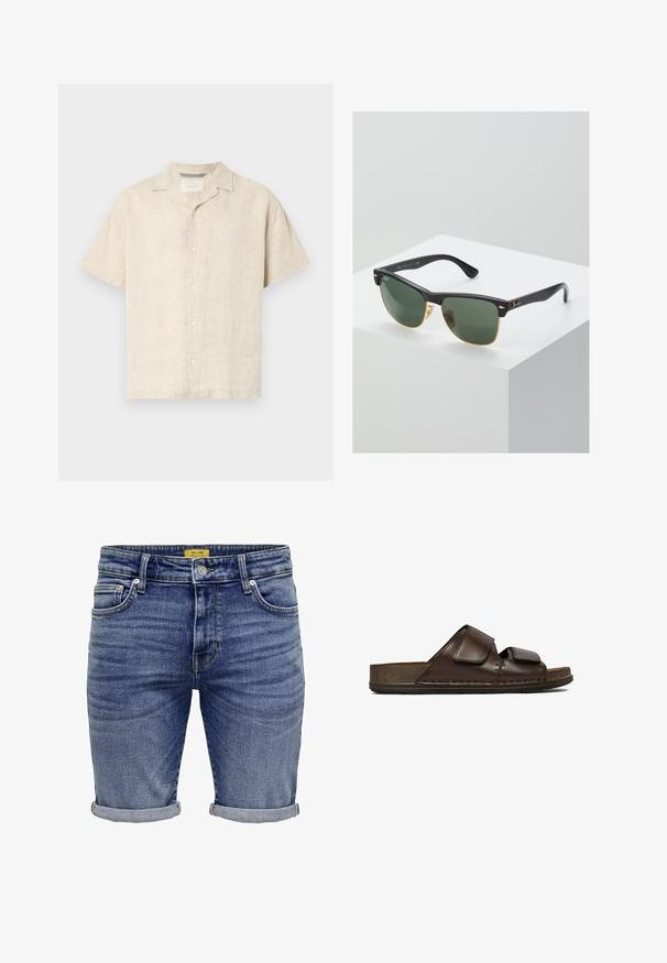 Lys beige kortærmet skjorte med knapper lavet af hør, med en camp krave, rene linjer og subtil tekstur, med fem forreste knapper.; Denimshorts i mellemblå. Har et klassisk fem-lomme-design, oprullede manchetter og subtil falming på stoffet. Metalbeslag inkluderet.; Mørkebrune lædersandaler med to justerbare velcro-remme og en tyk, tekstureret sål.; Ray-Ban solbriller med grønne linser, sorte plastikstel og gyldne detaljer ved kanterne. Firkantet form med mat finish.