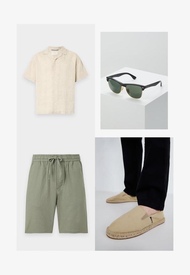 Chemise à manches courtes beige clair en lin, dotée d'un col camp, de lignes épurées et d'une texture subtile, avec cinq boutons à l'avant.; Shorts en coton vert clair avec une taille élastique et un cordon de serrage réglable. Comprend des poches latérales et une coupe au niveau du genou.; Chaussures slip-on en toile beige avec des goring élastiques, semelle en corde de jute et coutures contrastantes. Portées avec un pantalon noir fuselé.; Lunettes de soleil Ray-Ban avec des verres verts, monture en plastique noir et accents dorés sur les bords. Forme carrée avec une finition mate.