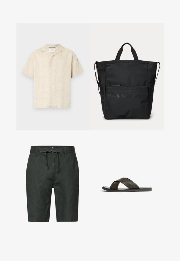 Lichtbeige korte mouwen overhemd met knopen, gemaakt van linnen, met een camp collar, strakke lijnen en een subtiele textuur, met vijf knopen aan de voorkant.; Donkergroene linnen shorts met een trekkoord in de taille. Beschikt over zijzakken en een rechte snit. Glad materiaal met een subtiele glans.; Bruine leren sandalen hebben gekruiste banden en een platte zool. De textuur is glad met een subtiele glans. Minimalistisch ontwerp en lichtgewicht constructie.; Zwarte tote tas met korte handvatten, voorvak met rits en geperst Polo Ralph Lauren-logo.