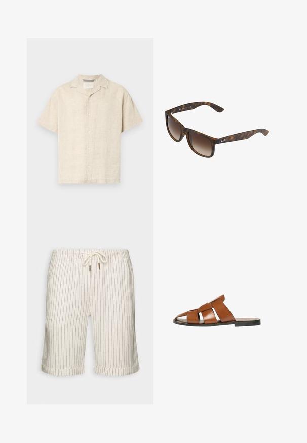 Chemise à manches courtes beige clair en lin, dotée d'un col camp, de lignes épurées et d'une texture subtile, avec cinq boutons à l'avant.; Shorts en mélange de lin couleur beige clair avec de légères rayures verticales marron. Dotés d'une taille élastique avec cordon de serrage et d'ourlets roulés.; Sandale en cuir marron à enfiler avec de larges brides horizontales et une semelle plate noire, vue de profil sur un fond blanc.; Lunettes de soleil en écaille de tortue avec des verres dégradés bruns, de forme rectangulaire, avec des montures épaisses et un accent de logo en argent sur le côté.