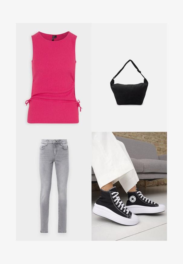 Pieces PCLUNA TANK - Top - beetroot purple; Chudé džínsy vo svetlosivej džínsovine, s klasickým dizajnom päť vreciek, zapínaním na gombík a jemnými detailmi v podobe vyblednutia.; Čierne vysoké tenisky s bielymi gumovými podrážkami a šnúrkami. Obsahujú okrúhlu nášivku s logom a kontrastné biele prešívanie. Materiál je plátený.; Čierna textilná ramenná taška s mäkkým štruktúrovaným povrchom, zaobleným tvarom a jedným popruhom. Minimalistický dizajn bez viditeľného hardvéru alebo akcentov.