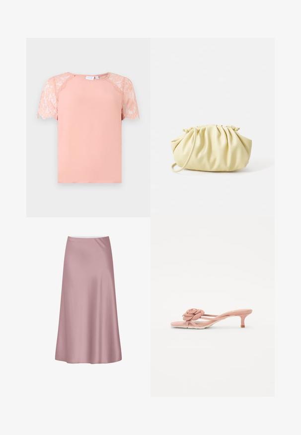 Top de manga corta en suave tejido melocotón, con detalles de encaje en las mangas, un escote redondo y un corte relajado. Textura suave.; Falda midi de satén rosa suave con una silueta en línea A y una tela lisa y fluida.; Chanclas de color rosa claro con un detalle texturizado de flor en la tira y un tacón pequeño. Material suave y diseño abierto.; Bolso amarillo plisado hecho de cuero sintético suave, con una forma blanda y una sola correa para el hombro, además de un diseño de parte superior recogida.