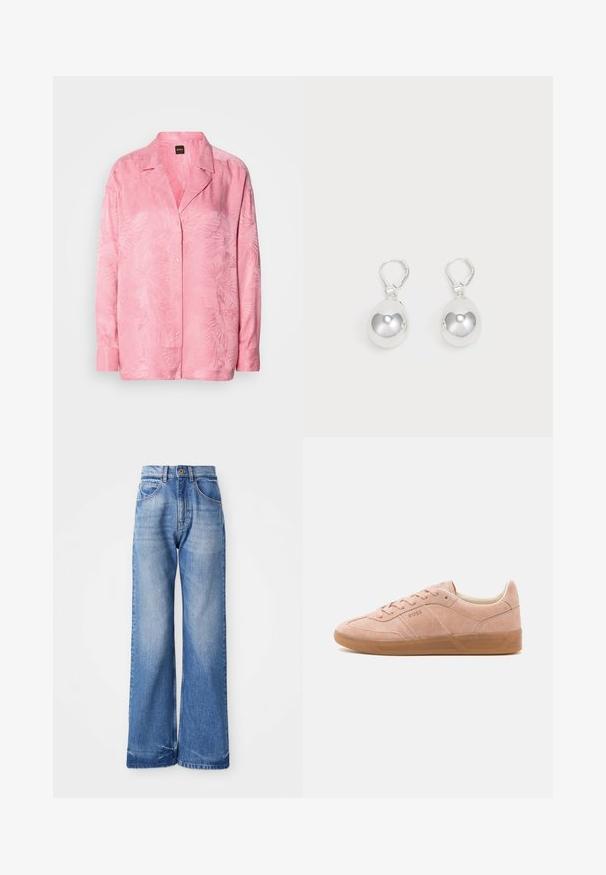 Hellrosa Hemd mit Knopfleiste, das ein dezentes Palmblattmuster aufweist. Hergestellt aus einem glatten Stoff mit bequemer Passform und klassischem Kragen.; Helle blaue weite Jeans aus Denim, mit hoher Taille, fünf Taschen und subtilen Waschungen an der Vorderseite für Textur.; Helle rosa Wildleder-Sneaker mit Gummisohle, abgerundetem Zehenbereich und Schnürverschluss. Minimalistisches Branding an der Seite und Ferse.; Silberne Tropfenohrringe mit glatten, runden, reflektierenden Oberflächen, die an Hakenverschlüssen hängen. Der Hintergrund ist reinweiß.