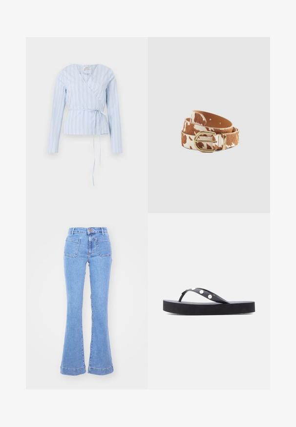 Lyseblå slå-om-bluse med lodrette hvide og marineblå striber, lange ærmer, V-hals og et bindebælte ved taljen.; Lyseblå jeans med høj talje, forlommer med lap og vide ben mod en ensfarvet hvid baggrund.; Sort platform flip-flop sandal med stroppetalje dekoreret med små hvide blomstermotiver.; Rullet læderbælte med brun- og hvid ko-lædermønster og spænde i guldfarvet metal, placeret på en enkel lysegrå baggrund.