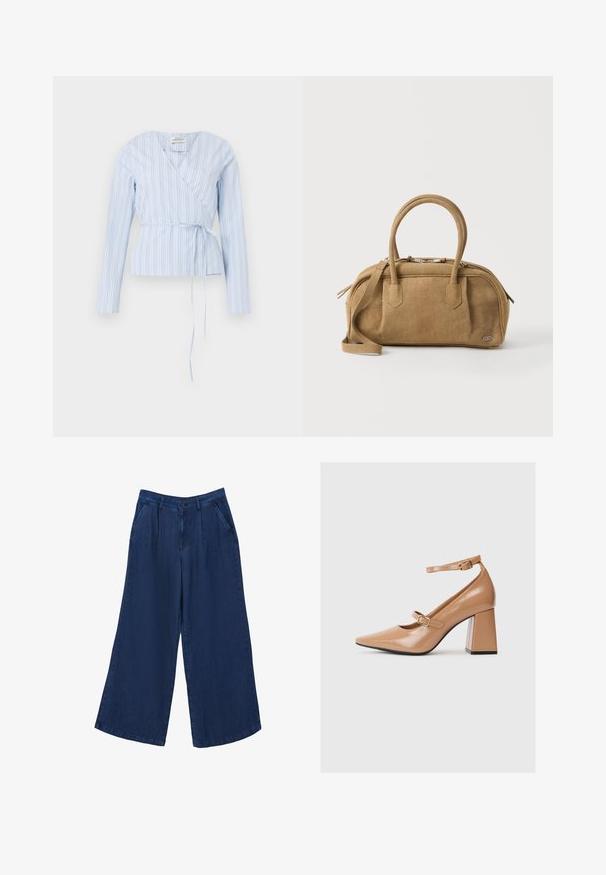 Blouse cache-cœur bleu clair avec rayures verticales blanches et bleu marine, manches longues, col en V, ceinture nouée à la taille.; Pantalons en denim à jambes larges de couleur bleu foncé. Comprend deux poches avant, une fermeture à bouton et une texture lisse en tissu léger.; Chaussures à talons hauts en cuir verni beige avec un bout pointu, une bride de cheville et un talon carré épais. Texture lisse avec une finition brillante.; Sac à main texturé marron clair avec doubles anses, bandoulière ajustable et fermeture éclair argentée sur le dessus, posé sur un fond blanc uni.
