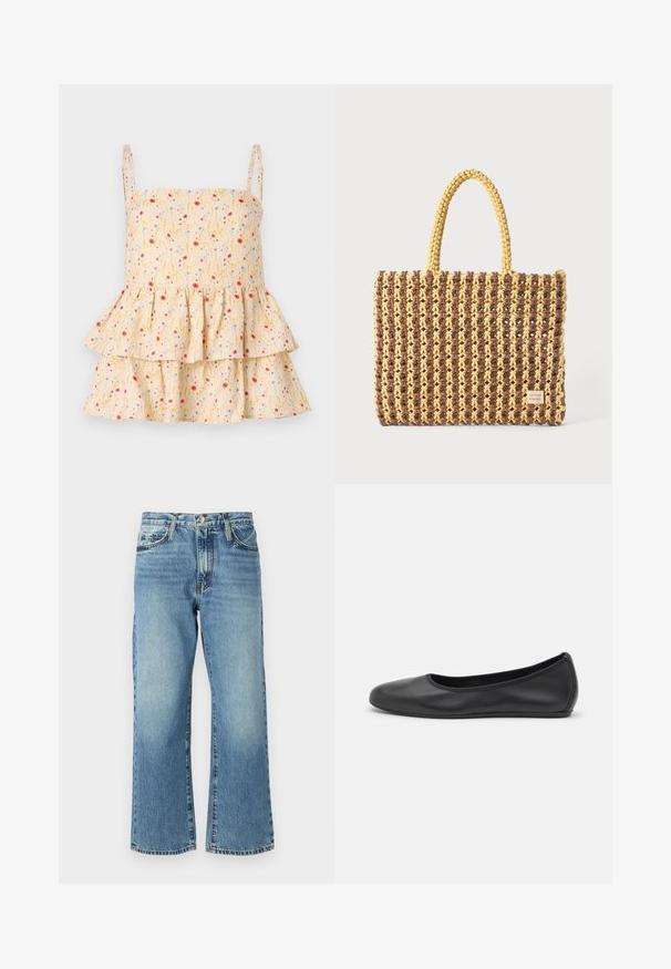 Helmstedt ELLIE - Bluse - cornflower; Lysblå denimjeans med vid buksedesign, fem lommer og knaplukning. Stoffet har en subtil blegning og en klassisk tekstur.; Sort læderballetsko med rund tå, glat tekstur, minimal syning og et fleksibelt såldesign.; Vævet taske i brun og gul, med en rektangulær form, to håndtag, og en tekstureret overflade med synlige sting og et mærke.