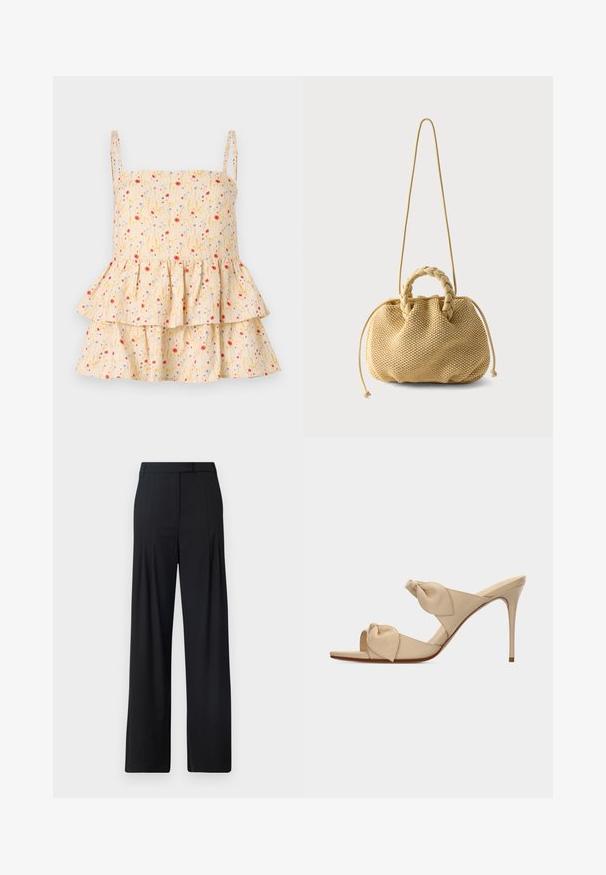 Helmstedt ELLIE - Blouse - cornflower; Pantalons larges noirs avec un devant plat, des plis et une taille ajustée. Fabriqués en tissu lisse et léger.; Mule beige à talon haut ouvert à l'avant avec deux brides nouées torsadées et un talon aiguille fin sur fond blanc.; Sac à main tissé beige avec poignées supérieures tressées, côtés à cordon de serrage et une longue bandoulière fine sur fond blanc uni.