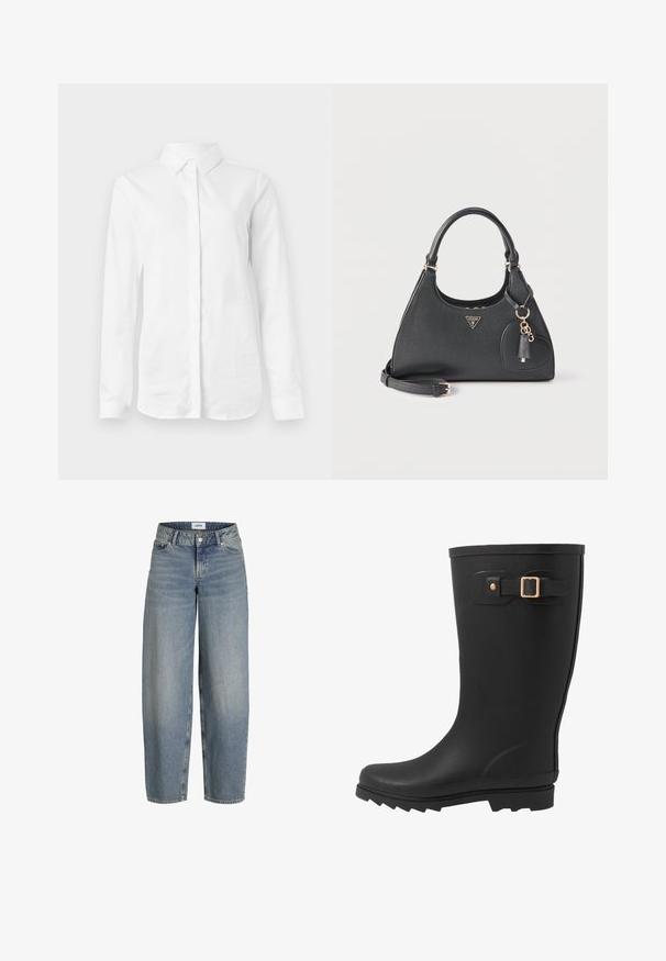 Hvid langærmet skjorte lavet af glat bomuld. Har en klassisk krave og en knaplukning fortil med en lige kant uden mønstre.; Lyseblå, løstsiddende jeans med høj talje, lavet af denimstof. Har fem lommer og en traditionel lukning med knap og lynlås.; Sort gummistøvle med rund tå, tekstureret sål og en sidestrapdetalje med en guldspænde akcent.; Sort Guess håndtaske med dobbelt håndtag, aftagelig rem, hjerteformet vedhæng og guldlogo foran mod en hvid baggrund.