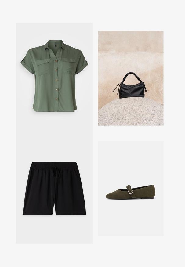 Korte mouwen, olijfgroene button-up blouse van soepel materiaal, voorzien van twee borstzakken en contrasterende knoopdetails.; Zwarte shorts met elastische tailleband, verstelbaar trekkoord en zijzakken, plat neergelegd op een effen lichte achtergrond.; Olijfgroene suède Mary Jane platte schoen met zilveren gespsluiting en afgeronde neus, getoond op een witte achtergrond.; Zwarte gerimpelde handtas met een samengevoegde handvat, rustend op een gestructureerde stenen bol tegen een beige betonnen muur.
