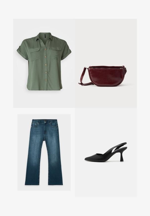 Korte mouwen, olijfgroene button-up blouse van soepel materiaal, voorzien van twee borstzakken en contrasterende knoopdetails.; Blauwe jeans met rechte pijpen, voor- en achterzakken, knoop- en ritssluiting, en subtiele vervaagde details op dijen en knieën.; Zwarte slingback hakken met een puntige neus, gemaakt van soepel leer. Beschikt over een uitsnijdingen ontwerp en een stevige, taps toelopende hak.; Dieprode lederen handtas met een halve-maansvorm, een ritssluiting en een afneembare riem. Gladde textuur met een subtiele glans.