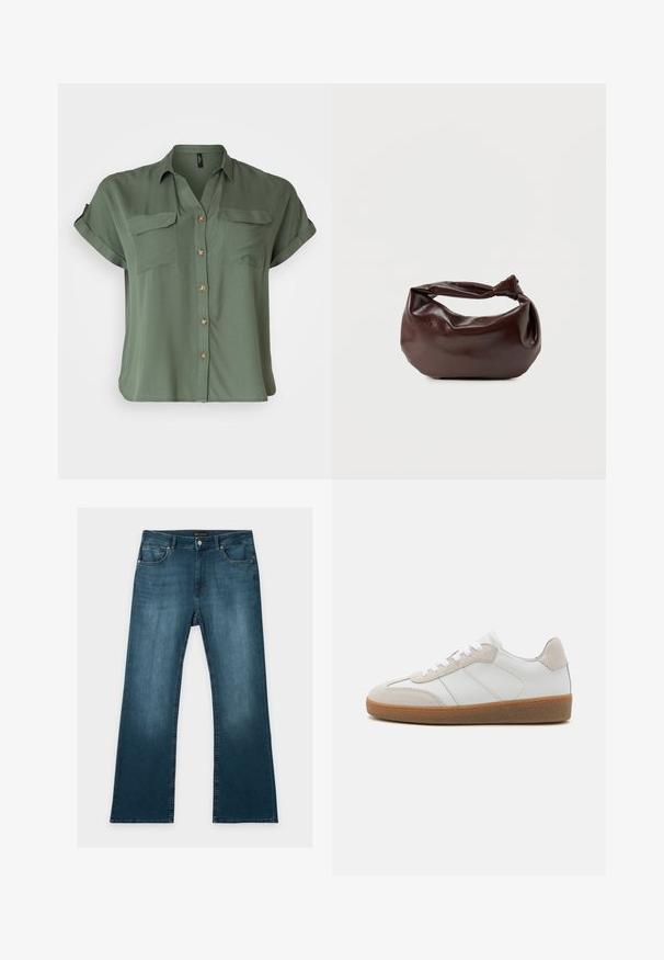 Kortærmet, olivengrøn skjorte med knapper lavet af glat stof, der har to brystlommer og kontrastfarvede knapdetaljer.; Blå jeans med lige ben, foran- og baglommer, knap- og lynlåslukning og subtile falmede detaljer på lår og knæ.; Hvide lædersneakers med beige ruskindsdetaljer, struktureret tunge og gummisål. Har hvide snørebånd og diskrete stikninger.; Mørkebrun læder skuldertaske med en blød, afslappet form og et snoet knudehåndtag på en ensartet hvid baggrund.