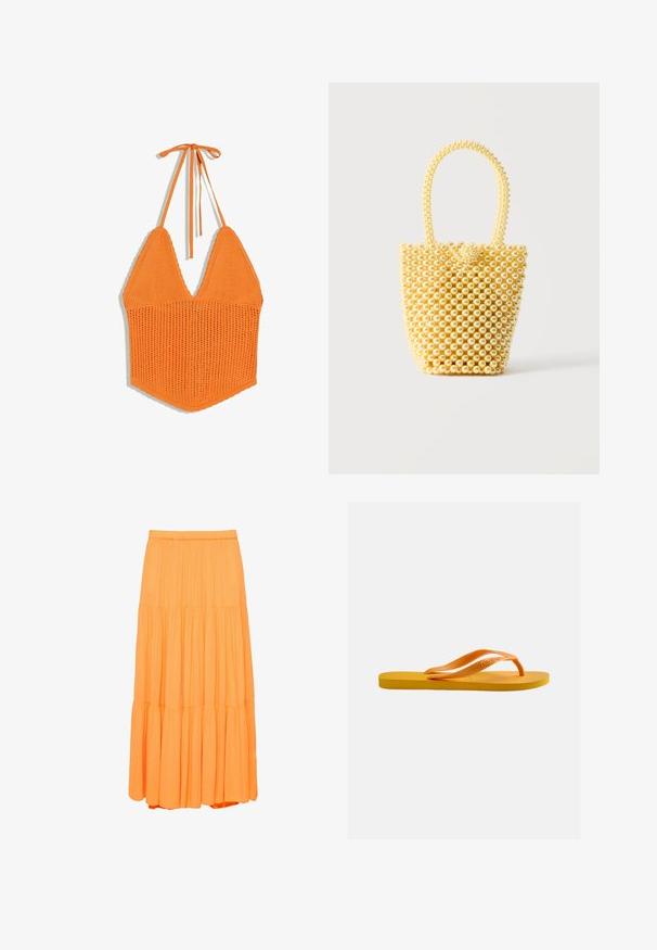 Oranje gebreide haltertop met driehoekige cups en strikbandjes in de nek, voorzien van een gestructureerd open breipatroon aan de onderzijde.; Lange, gelaagde oranje rok met elastische tailleband en geplooide stofpanelen die een vloeiende silhouet creëren.; Gele teenslipper met een gestructureerde zool en oranje rubberen bandjes tegen een effen lichtgrijze achtergrond.; Kleine handtas in emmerstijl gemaakt van glanzende crèmekleurige kralen met een lusvormige kralenhendel en decoratieve kralenknoopsluiting.