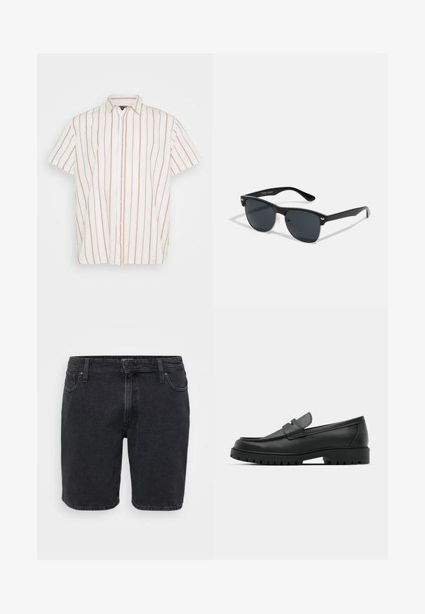 Kurzärmliges, knöpfbares Hemd aus weißem Stoff mit schmalen, vertikalen roten Streifen. Klassischer Kragen und gerader Saum.; Schwarze Denim-Shorts mit klassischem Design, ausgestattet mit einer Frontknopfleiste, Gürtelschlaufen und Fünf-Taschen-Style. Leicht ausgewaschene Textur.; Schwarze Lederloafer mit runder Zehenform, ausgestattet mit einem gesteppten Design, niedrigem Plattformsohle und einer strukturierten, genoppten Gummisohle.; Schwarze Sonnenbrille mit rechteckiger Form, dunklen Gläsern, silbernen Akzenten an den Bügeln und mattierter Oberfläche des Rahmens.