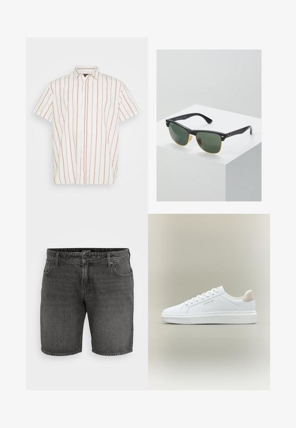 Kurzärmliges, knöpfbares Hemd aus weißem Stoff mit schmalen, vertikalen roten Streifen. Klassischer Kragen und gerader Saum.; Schwarze Jeansshorts mit einem klassischen Fünf-Taschen-Design, Knopfverschluss und gestickten Akzenten. Hergestellt aus strapazierfähigem Baumwollmaterial.; Weißer Sneaker mit niedrigem Schaft und Schnürsenkeln, beiger Fersenlasche und goldener Aufschrift "GAP EST. 1969" an der Seite und Sohle, vor neutralem Hintergrund.; Ray-Ban Sonnenbrillen mit grünen Gläsern, schwarzen Kunststoffrahmen und goldenen Akzenten an den Rändern. Quadratische Form mit matter Oberfläche.