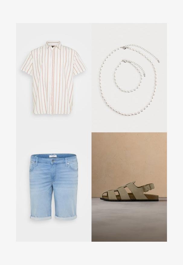 Kortærmet skjorte med knapper i hvidt stof, der har smalle, lodrette røde striber. Klassisk krave og lige kantdesign.; Lysblå denimshorts med en let falmet finish, opfoldede bukseben, fem-lommer design og en metalknaplukning.; Beige ruskindssandal med tre stropper, spænde, korksål, sort slidbane, svævende over beige vævet tæppe, træ-sofabord og sofa i baggrunden.; Perle halskæde og matchende armbånd med sølv kæde låse arrangeret på en hvid baggrund.