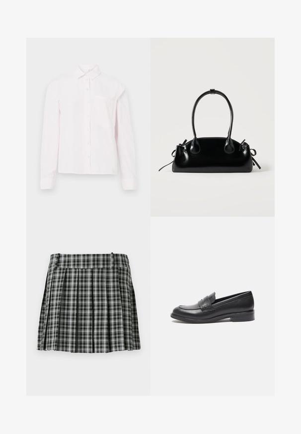 Camisa de botonera de manga larga color rosa claro, con cuello y un bolsillo en el pecho, presentada sobre un fondo blanco.; Falda plisada de cuadros en blanco y negro con una cintura suave y múltiples pliegues verticales. Fabricada en un tejido ligero.; Mocasines de cuero negro con un acabado suave, punta redondeada y detalle de costura lateral. Presentan un tacón bajo y rectangular.; Pequeño bolso negro brillante con dos asas largas y detalles de cordón lateral sobre un fondo claro liso.
