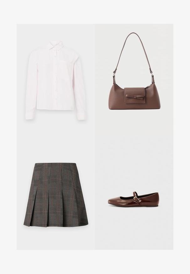 Light pink long-sleeve button-up shirt with a collar and a single chest pocket, displayed on a white background.; Gray plaid skirt featuring pleats, with intricate patterns of black and white, accented by thin red lines. Made from a structured fabric.; Brown patent leather ballet flat with a square toe and strap featuring a small gold buckle. Smooth texture, low heel, and minimalist design.; Brown leather shoulder bag with a front flap pocket featuring a stitched bow detail and an adjustable strap.