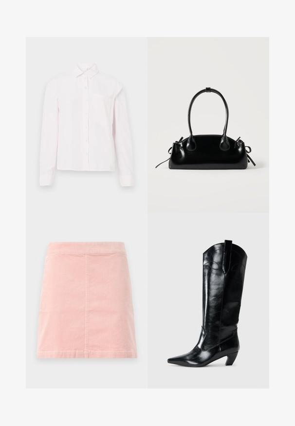 Camisa de botonera de manga larga color rosa claro, con cuello y un bolsillo en el pecho, presentada sobre un fondo blanco.; Mini falda de pana rosa con una cintura ajustada y textura de costillas verticales. El dobladillo es recto y presenta un diseño simple sin decoraciones.; Botas de cuero negras hasta la rodilla con punta afilada, tacón bajo y detalle de costura decorativa en los laterales. Acabado suave y brillante.; Pequeño bolso negro brillante con dos asas largas y detalles de cordón lateral sobre un fondo claro liso.