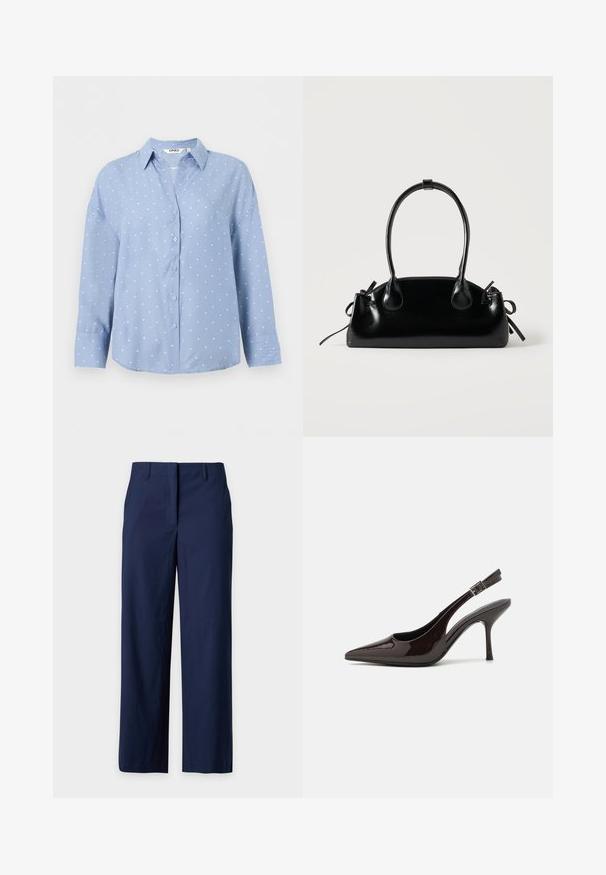 Hellblaues Hemd mit langen Ärmeln, weißen Polka-Dots und spitzem Kragen, auf neutralem weißem Hintergrund dargestellt.; Marineblaue Hose mit geradem Bein, Gürtelschlaufen, verdecktem Frontverschluss und einem glatten, klaren Design.; Slingback-Pumps aus glänzendem dunklen braunen Lackleder, mit spitzer Zehenpartie, offenen Seiten und verstellbarem Knöchelriemen.; Kleine schwarze glänzende Handtasche mit zwei langen Griffen und seitlichen Kordelzug-Details vor einfachem hellem Hintergrund.