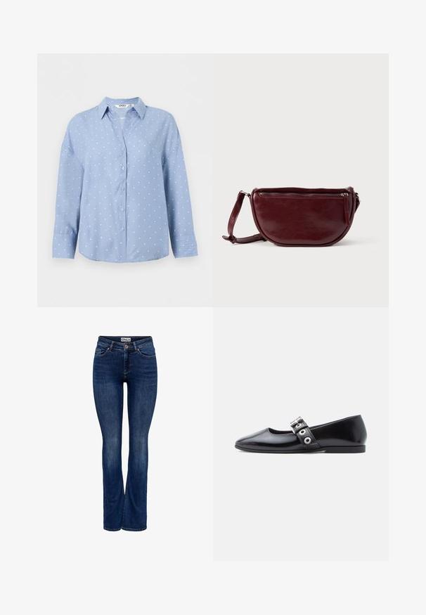 Lyseblå skjorte med lange ærmer, knapper og hvide prikker samt spids krave, vist på en ensartet hvid baggrund.; Mørkeblå denim jeans med let falming, fem-pockets design, knaplukning og bootcut benstil, mærket "ONLY" på linningen.; Sort laklæder flad sko med firkantet tå, sidespænde detalje og en lav, rund hæl. Glat tekstur og minimalistisk design.; Vinrød læderhåndtaske med halvmåneform, lynlås og aftagelig rem. Glat tekstur med en subtil glans.