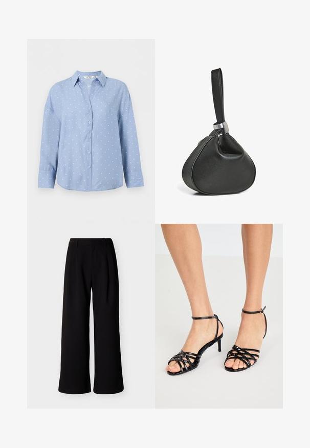 Chemise bleu clair à manches longues avec boutons, pois blancs et col pointu, présentée sur un fond blanc uni.; Pantalon noir à jambes larges, taille haute, passants pour ceinture et poches latérales, présenté sur fond blanc uni.; Sandales à talons hauts noires avec texture brillante. Bride de cheville avec boucle. Design à bout ouvert avec des détails entrecroisés.; Sac bracelet en cuir noir avec une forme triangulaire douce et une large sangle attachée par une boucle en métal argenté.