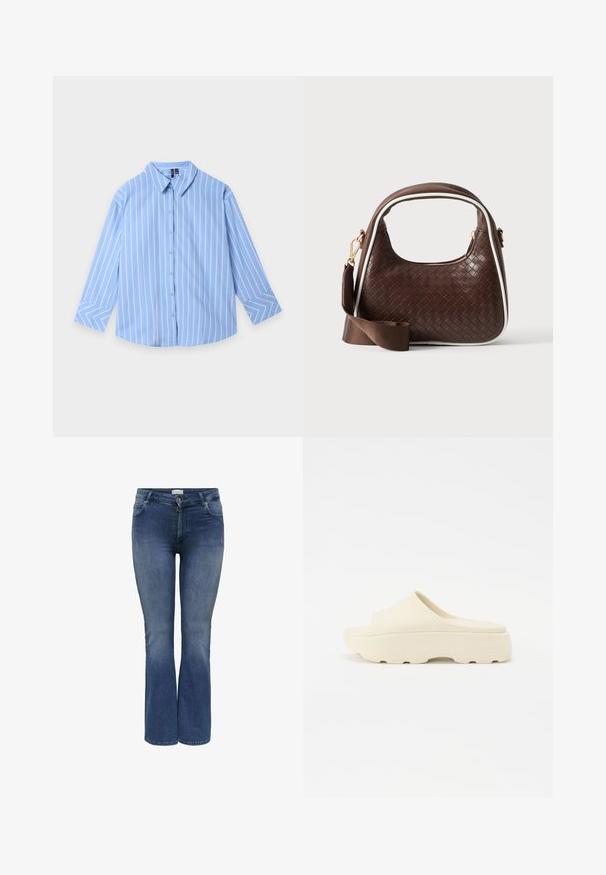 Lichtblauw overhemd met lange mouwen en knopen, met witte en donkerblauwe verticale strepen, een open kraag en schuine strepen op de manchetten.; Denim flare jeans in medium blauw met een gladde textuur, voorzien van zijzakken en een ritssluiting. Subtiele whisker-details.; Beige instapsandaal met een gladde rubberachtige oppervlakte, ronde neus, dikke zool en een gestructureerde onderkant voor grip. Minimalistisch ontwerp.; Bruine geweven leren handtas met witte bies, gouden ritssluiting en afneembare bruine stoffen schouderriem.
