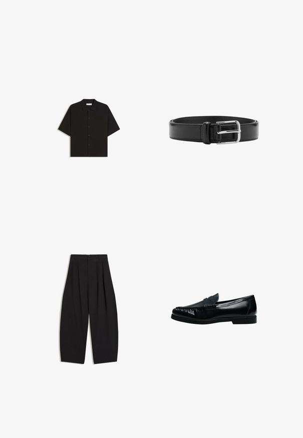 Chemise noire à manches courtes avec col et poche poitrine, étalée à plat sur un fond blanc.; Pantalon noir à jambes larges, taille haute, avec plis, bouton et fermeture éclair à l'avant, posé à plat sur un fond blanc.; Mocassin penny loafer pour homme en cuir noir avec bout moc cousu et petit talon, présenté de profil sur fond blanc.; Ceinture en cuir noir avec coutures visibles et boucle argentée brillante, posée à plat en position enroulée sur un fond blanc.