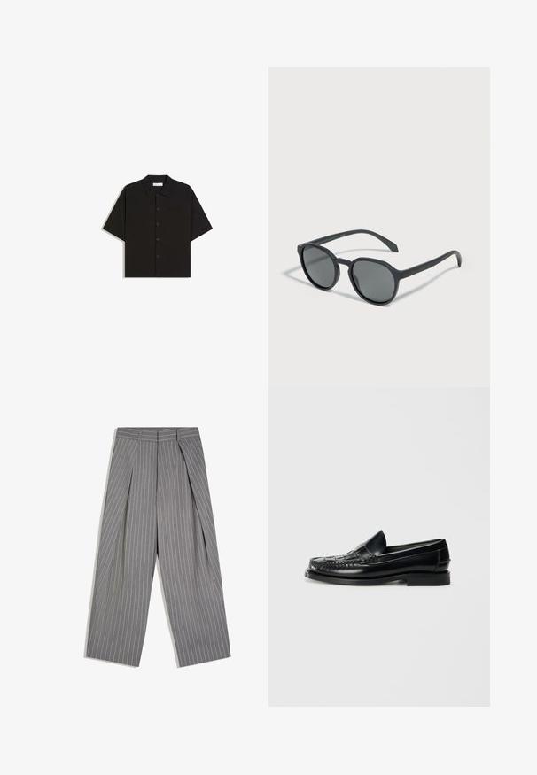 Chemise noire à manches courtes avec col et poche poitrine, étalée à plat sur un fond blanc.; Pantalon gris à jambes larges avec fines rayures blanches et plis à l'avant, avec une taille haute et des passants pour ceinture.; Hereu NOMBELA - Chaussons - black; Lunettes de soleil rondes noires avec des verres teintés foncés reposant sur une surface claire, projetant une ombre douce.