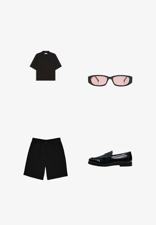 Sort kortærmet skjorte med knapper, krave og brystlomme, lagt fladt på en hvid baggrund.; Sorte shorts lavet af stof med en glat tekstur, der har en frontknaplukning, to sidelommer og et plisseret design.; Sort herre penny loafer i læder med syninger på mok-toe og lav hæl, vist i sideprofil på hvid baggrund.; Sorte rektangulære solbriller med smalle rosa-tonede linser, der hviler på en hvid overflade.