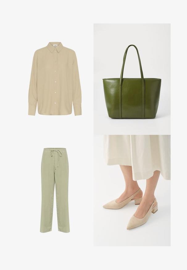 Beige langærmet skjorte med knapper, spidse kraver og hvide knapper, vist forfra på en hvid baggrund.; Lys grønne linnedbukser med elastisk talje, bred ben-design og sidelommer. Blød tekstur og enkle konstruktionsdetaljer.; Beige ruskinds slingback pumps med spidse tæer og blokhæle. Designet har udskæringer i siderne og en gylden spændeaccent.; Grøn faux læder tote taske med to forlængede håndtag, rektangulær form, glat tekstur og synlige sømme langs kanterne.