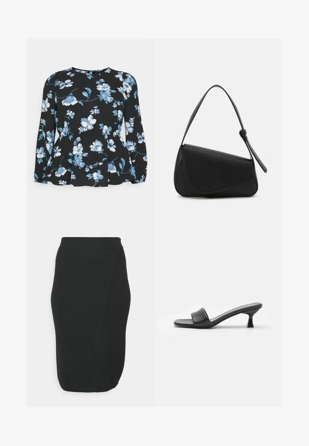 ONLY Curve ONCBIANCA NOVA LUX PEPLUM TOP - Μπλούζα - black; EVOKED VILA VIMARLA PENCIL SKIRT - Pencil φούστα - black; Μαύρες μπαλαρίνες με τακούνι, από λείο, ματ δέρμα, ανοιχτή μύτη, πλατύ λουρί πάνω στη πτέρνα και λεπτό, τετράγωνο τακούνι.; Μαύρη δερμάτινη τσάντα χειρός με τριγωνικό σχήμα, γωνιακή καπάκι και στρογγυλή λαβή στην κορυφή. Διαθέτει λεία υφή και μινιμαλιστικά σχεδιαστικά στοιχεία.