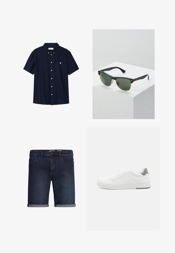 Marineblaues Kurzarm-Hemd mit Knopfleiste aus Baumwolle, mit einem spitzen Kragen und einem kleinen weißen Vogel-Logo auf der Brust.; Dunkelblaue Denim-Shorts mit klassischem Fünf-Taschen-Design, umgeschlagenem Saum und Knopfverschluss. Glatte Textur.; Weißer Sneaker aus glattem Leder, runde Zehenpartie, minimalistisches Design, graue Fersenkante und strukturierte Gummisohle.; Ray-Ban Sonnenbrillen mit grünen Gläsern, schwarzen Kunststoffrahmen und goldenen Akzenten an den Rändern. Quadratische Form mit matter Oberfläche.